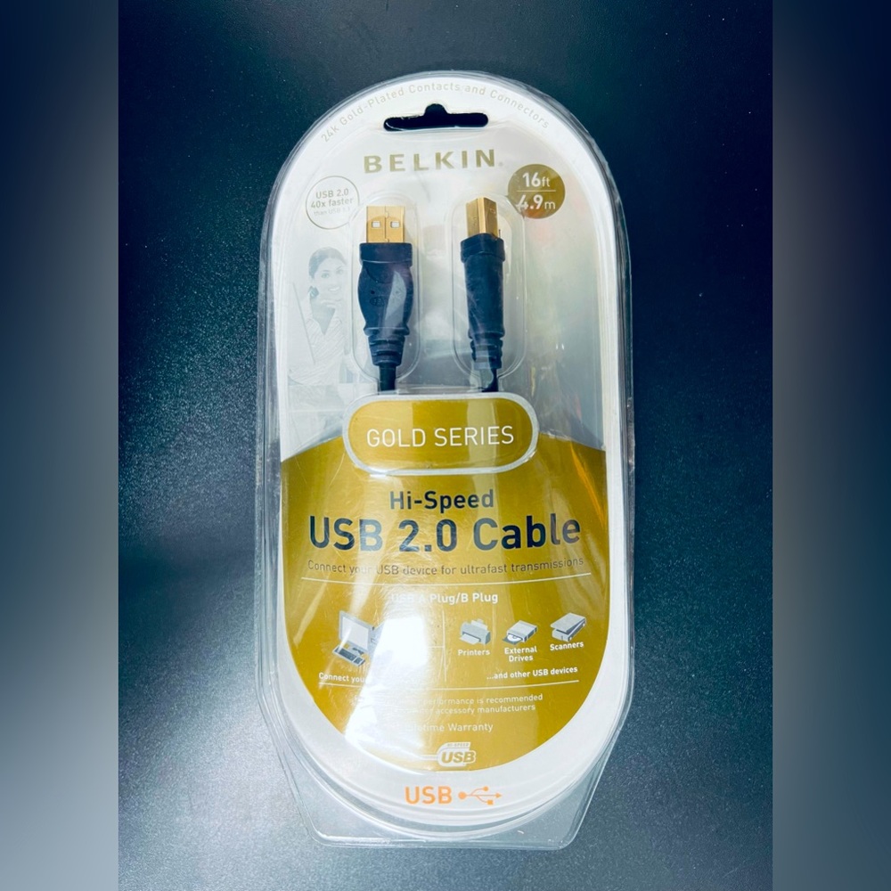 BELKIN USB 2.0 Hi-Speed Cable. Gold Series, 16ft/4.9m. F3U133v16-GLD. NEW.